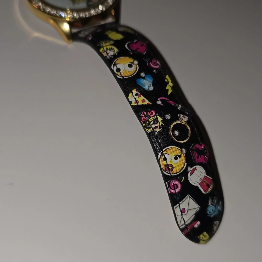 Betsey Johnson Gold Cartoon Watch with Black Strap